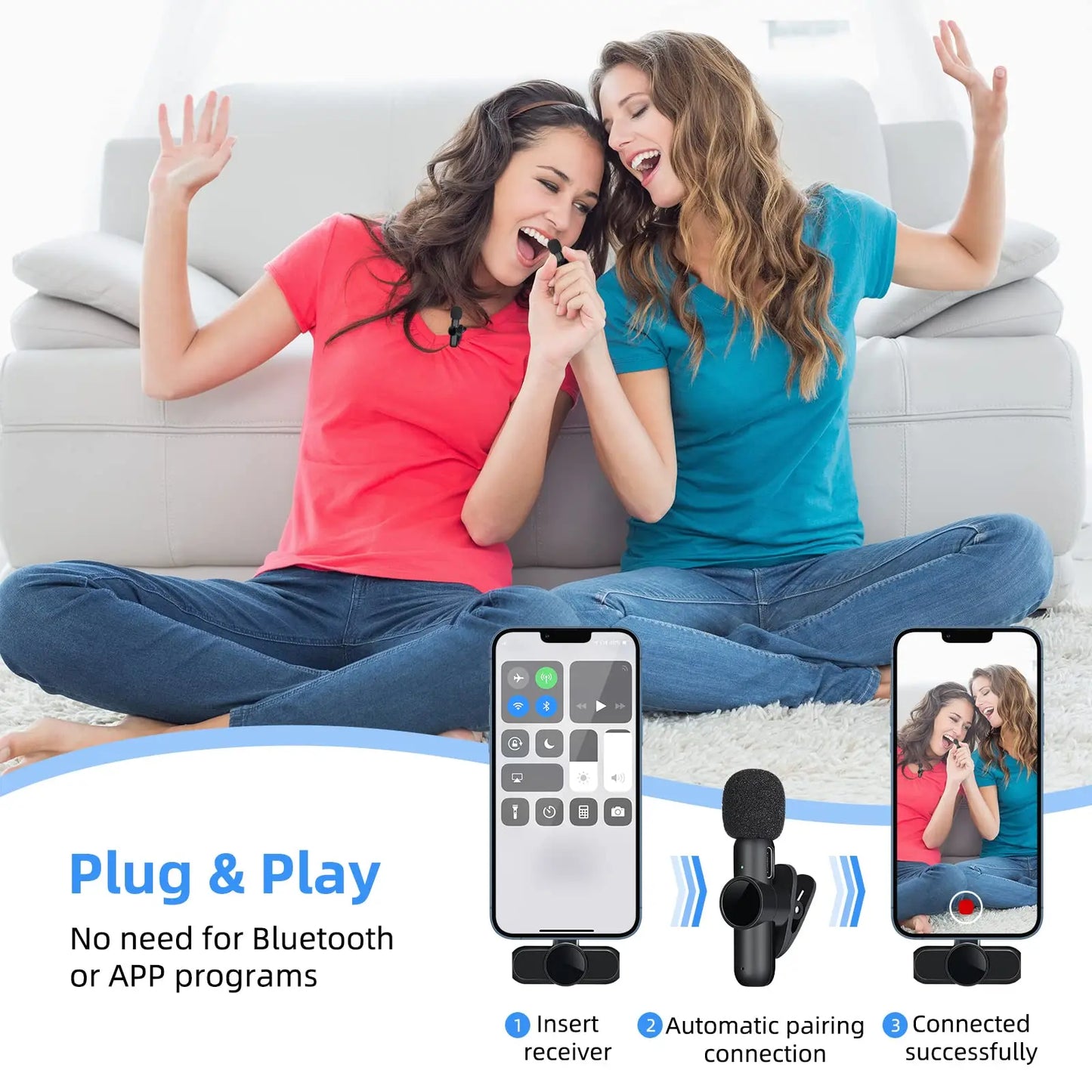 2.4G Wireless Lavalier Microphone Noise Cancelling Audio Video Recording for Iphone/Ipad/Android/Xiaomi/Samsung Live Game Mic