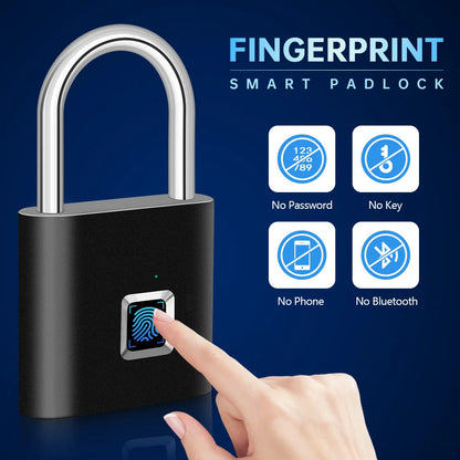 Keyless USB Charging Fingerprint Lock Smart Padlock Waterproof Door Lock 0.2Sec Unlock Portable Anti-Theft Padlock Zinc